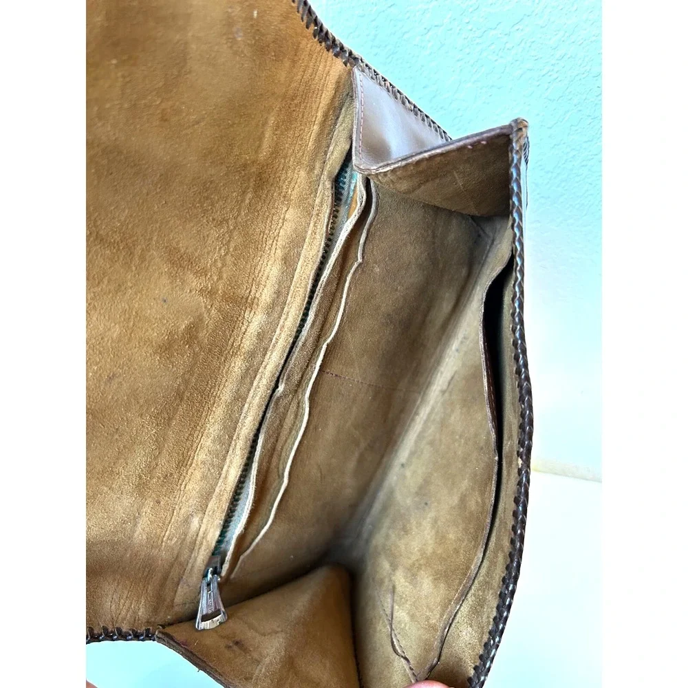 Vintage 1920s Leather Clutch Hand Tool Double Side Whipstitch Snap Floral Folds